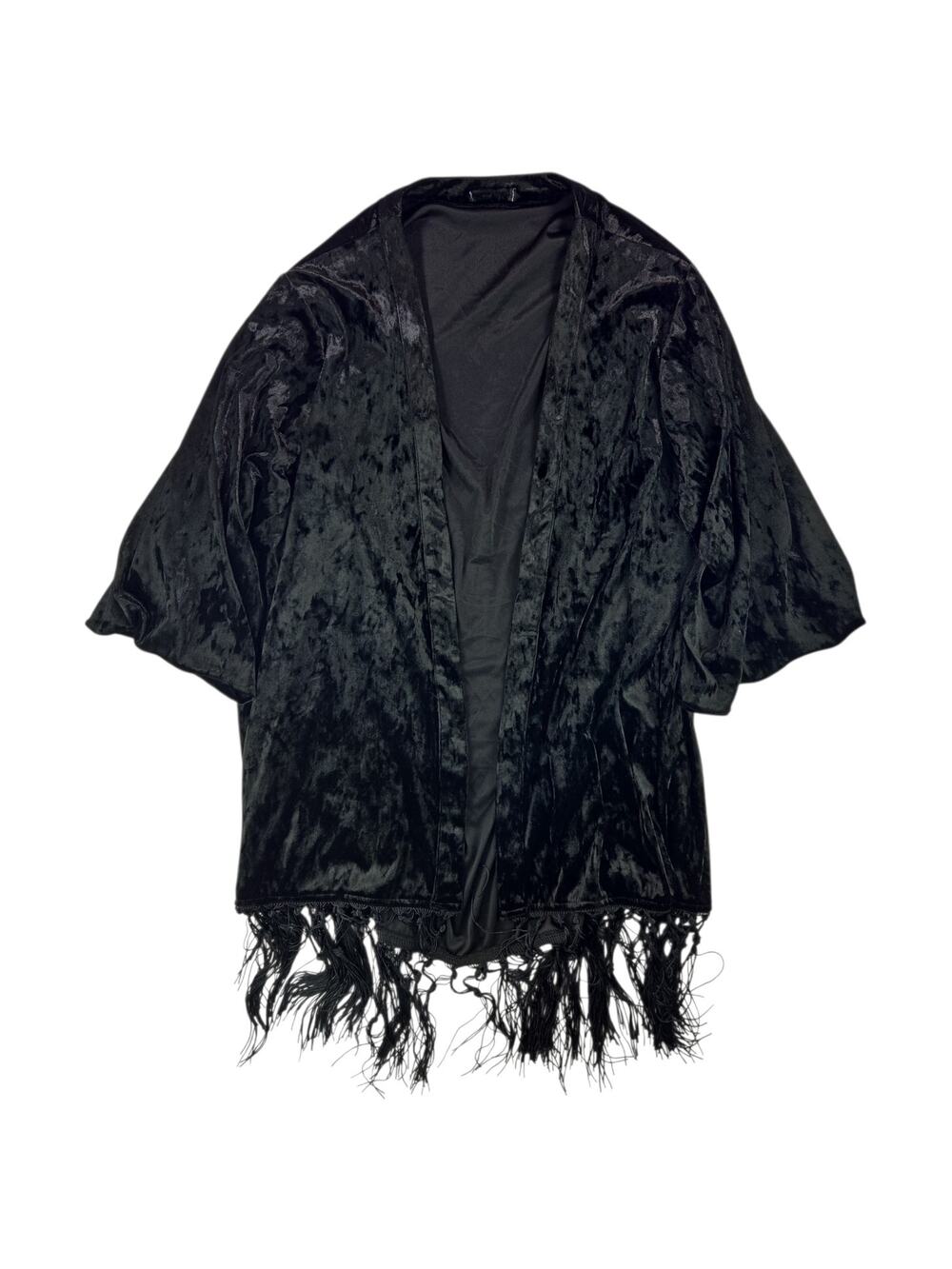 Black Velvet Kimono Shawl w/Fringe & Moon/Sun/3rd Eye Graphics on Back | Size OS